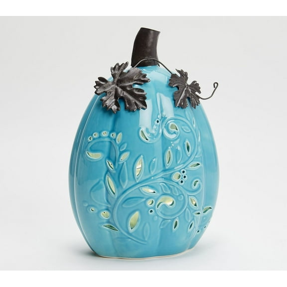 10" Illuminated Slim Ceramic Pierced Pumpkin by Valerie in Blue