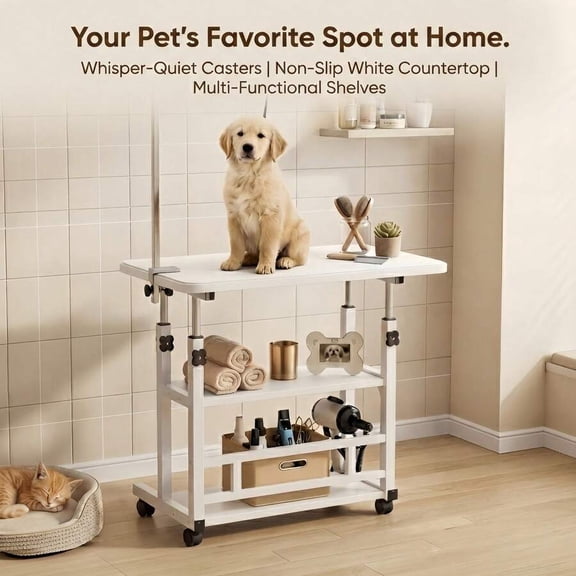 Adjustable Rolling Pet Grooming Table, Storage Shelf, Locking Casters. Non-Slip, Stain-Proof, Wear-Resistant Top, Strong Load. For Small Dogs/Cats, Home Grooming, Trimming, Brushing, Drying.