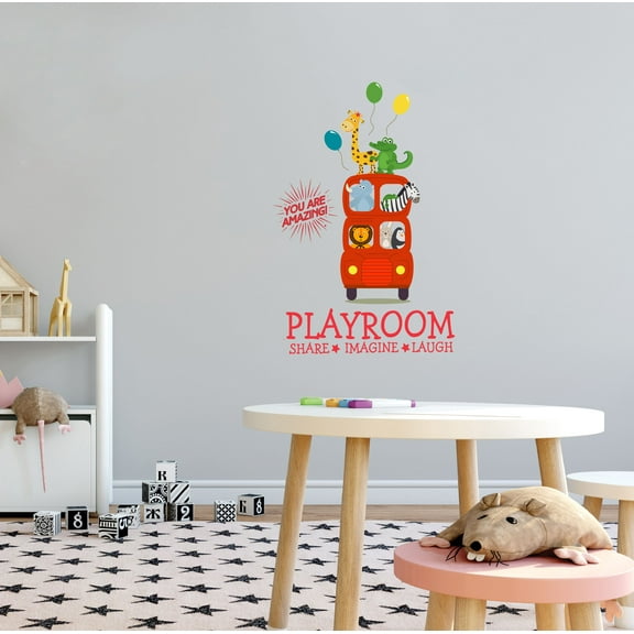 KIDS PLAYROOM - Inspirational Quotes Decoration - You Are Amazing - Playroom Share Imagine Laugh Lettering Art Safari Animal Bus Design Kids Playroom Vinyl Wall Decal 28" x 40"