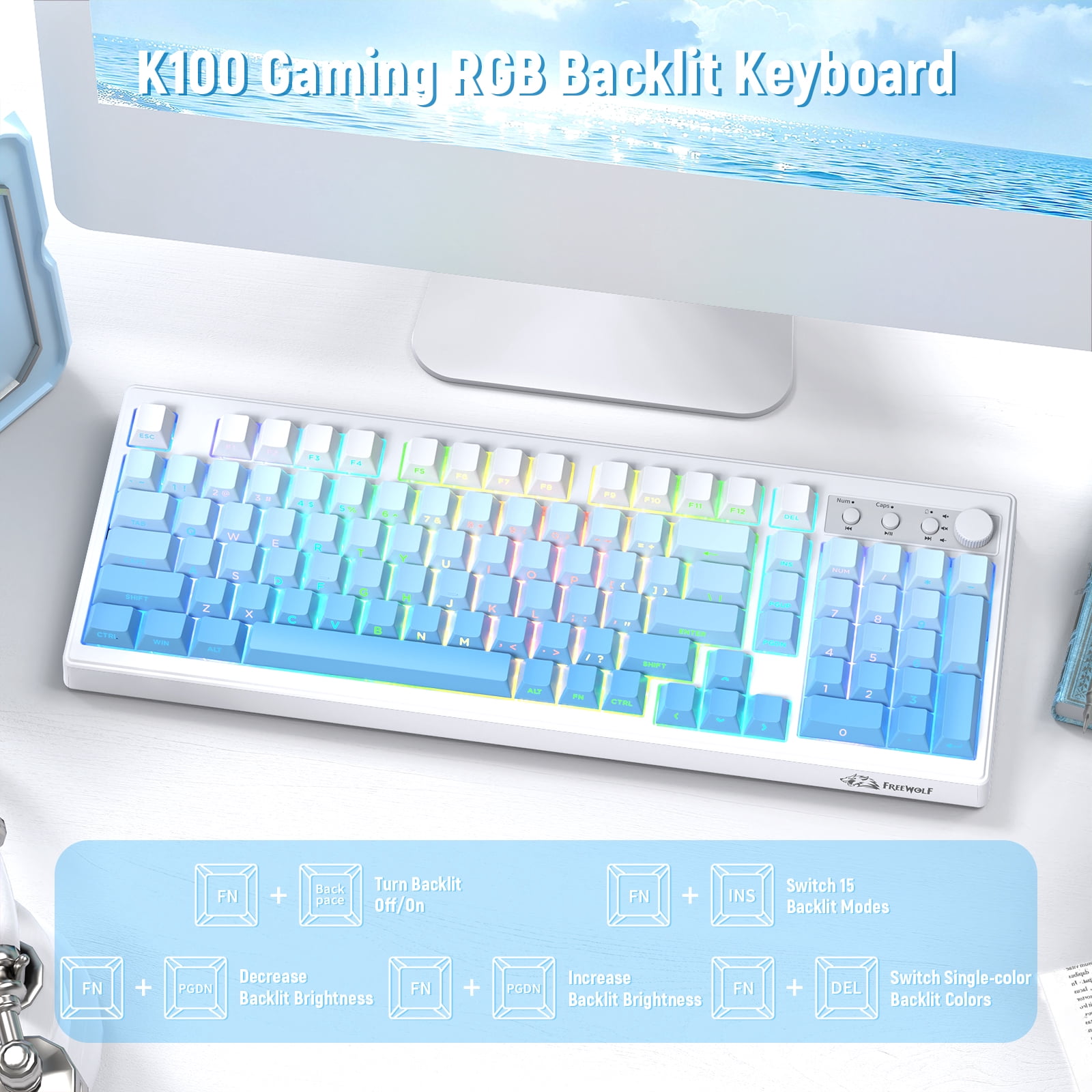 ZIYOU LANG K100 90% Wireless Gaming Keyboard, Tri-Mode Bluetooth/2.4GHz/USB-C, RGB Backlit, Number Pad, for PC/Mac, Blue Creamy