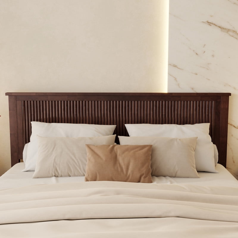 Queen Size Wood Bed Frame with Wave-Fluted Headboard, Low-Profile Platform Bed with Central Support Legs and Under-Bed Space