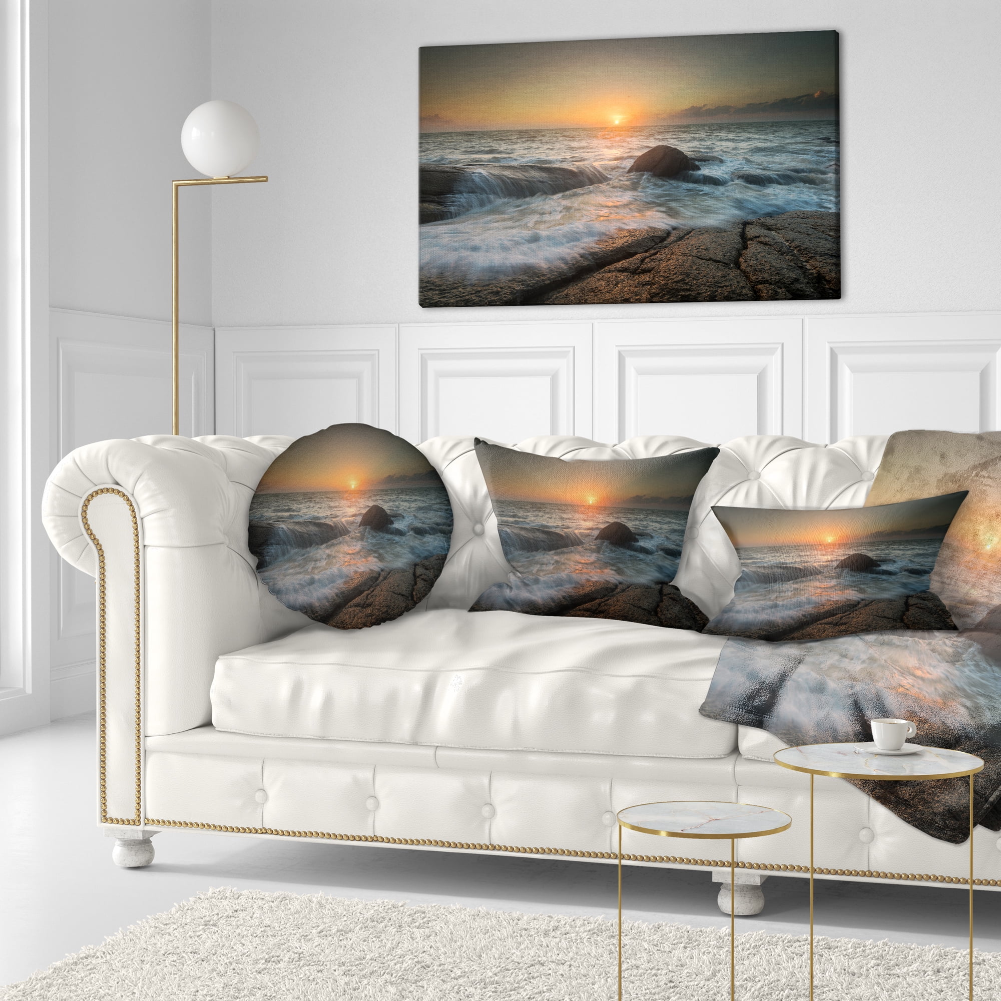 Designart Lashing Sea Waves At Sunset - Beach Photo Throw Pillow - 12x20