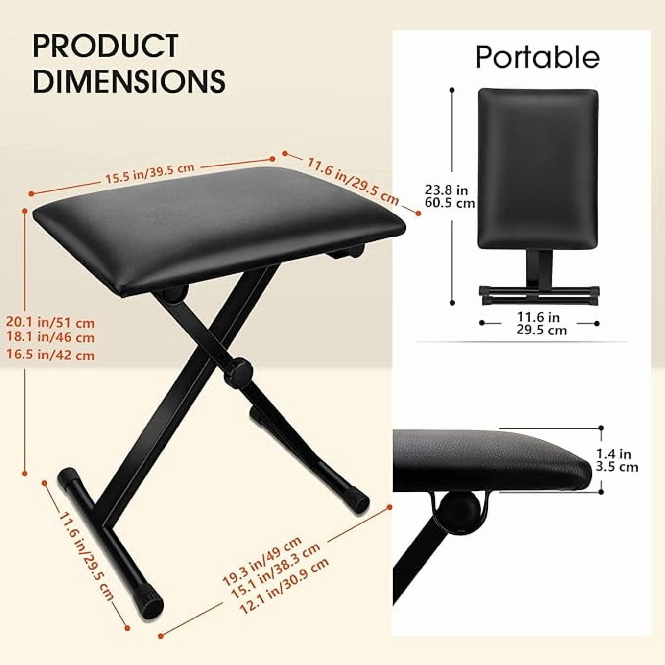 Geemuslly Keyboard Bench X-Style Height Adjustable 16.3-19.6in Padded Cushion Piano Stool Bench Keyboard Chair for Keyboards Piano