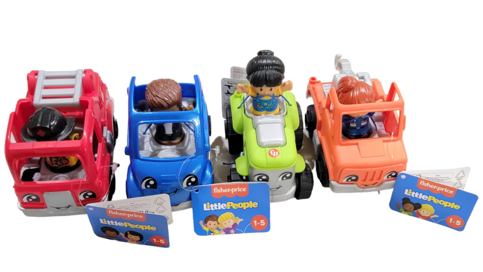 Fisher-Price Little People Vehicles and Figure Bundle with Fire Truck, Tractor, Electric Car and Toy Truck Pack of 4