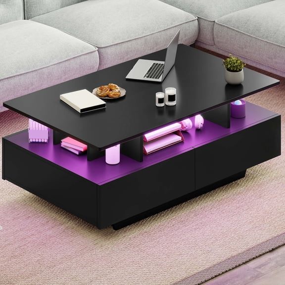 Uforic Modern LED Coffee Table, Center Tables with Storage for Living Room, Black