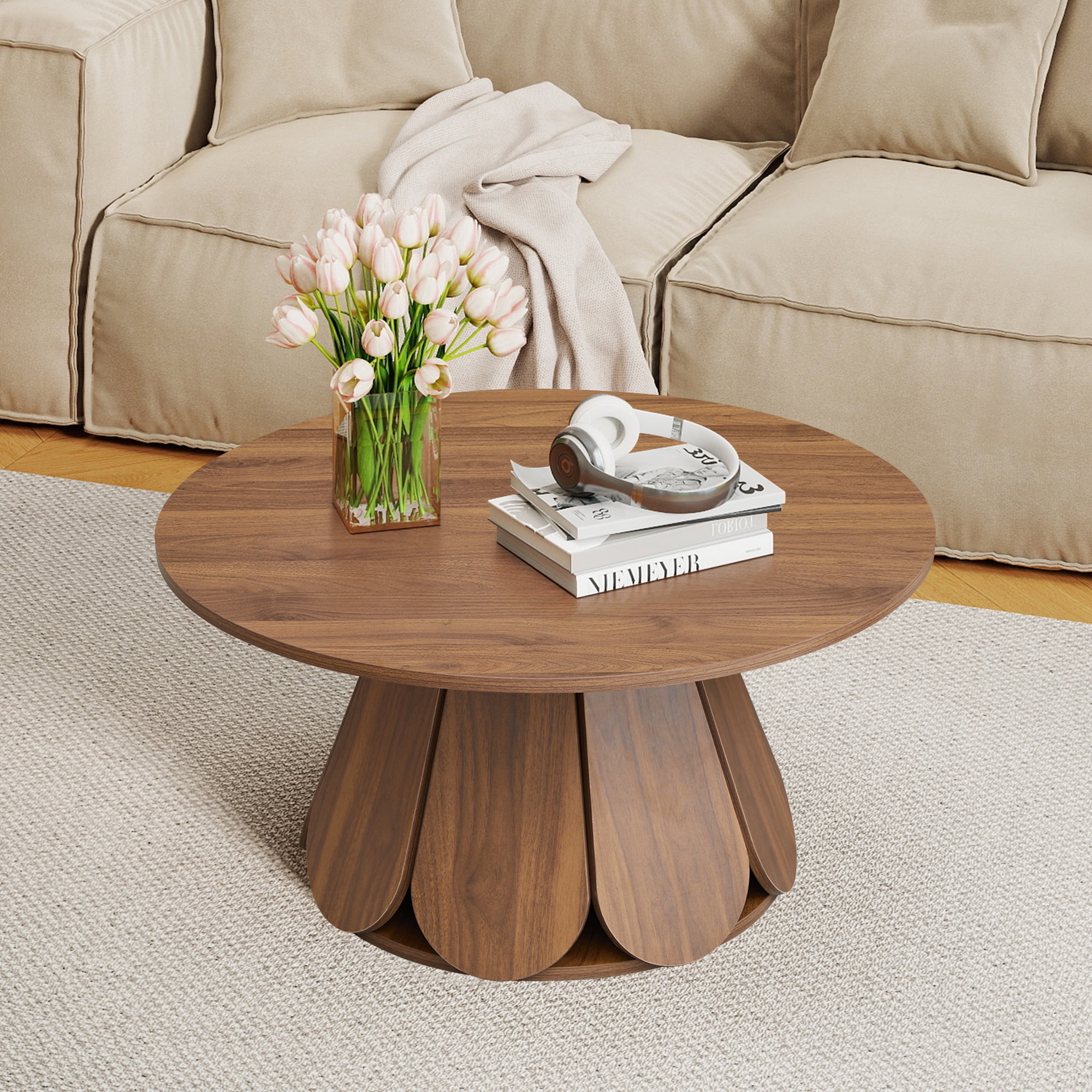 YOCWO 31.5" Small Round Coffee Table for Small Apartment Living Room, Modern Walnut Coffee Table with Petal Base