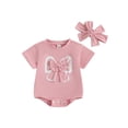 thumbnail image 2 of Miaouyo Newborn Girl Outfit, Short Sleeve Crew Neck Bow Bodysuit with Headband Summer Clothes, 2 of 9