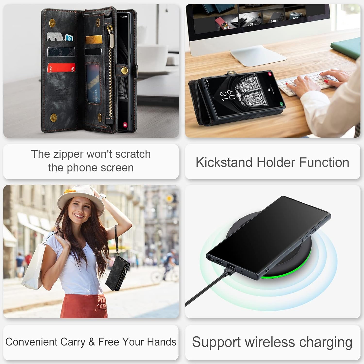 Asuwish Compatible with Samsung Galaxy S23 Ultra 5G Phone Case Zipper Wallet Tempered Glass Screen Protector Strap Flip Card Holder Cell Cover for S23Ultra 23S S 23 23Ultra 6.8 inch Women Girls Black
