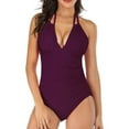 thumbnail image 2 of ylioge Womens Swimsuits One-Piece Tankini Trendy Halterneck Bathing Suits Deep V Neck Ladies Solid Color Backless Swimwear Sets, 2 of 8