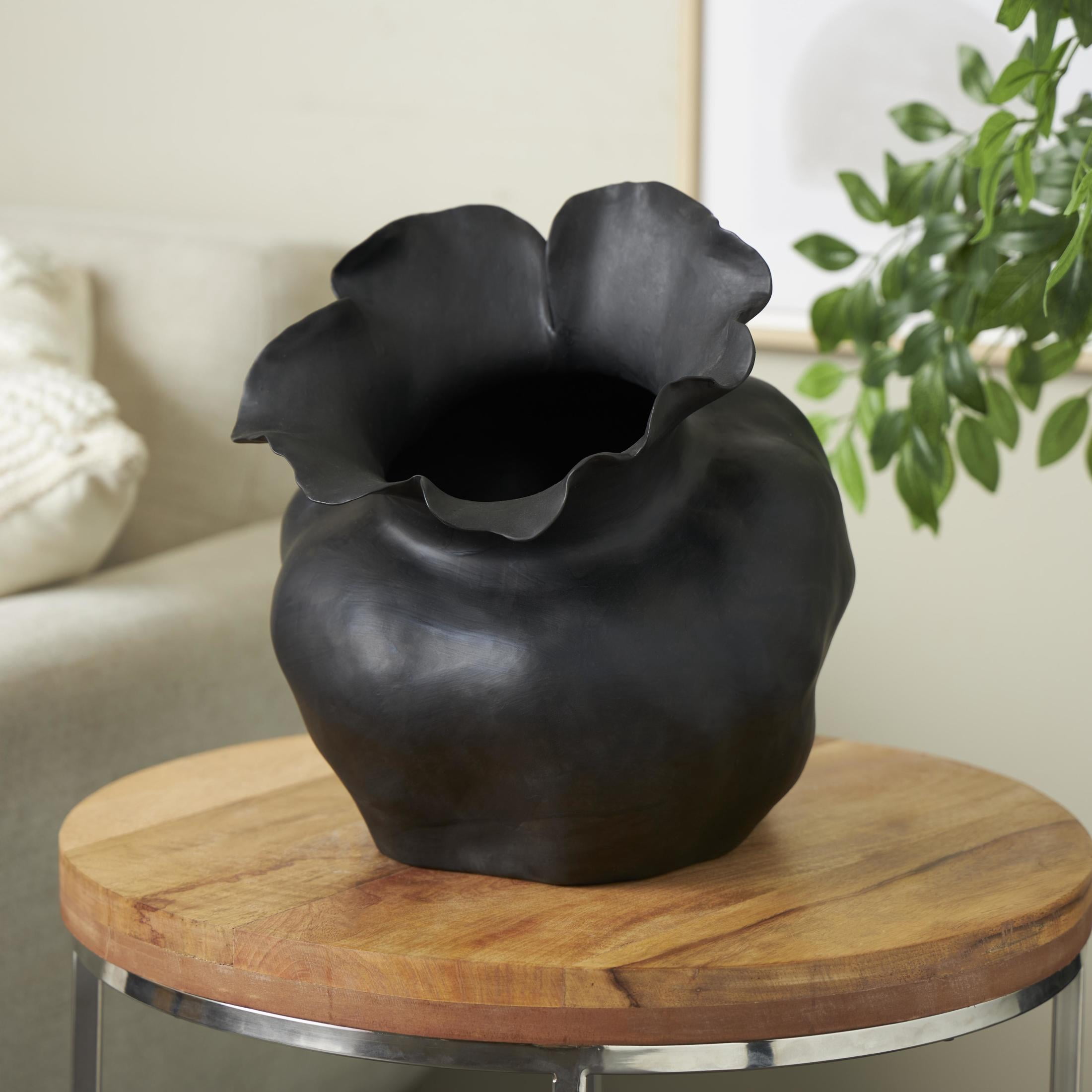 DecMode 13" Abstract Wide Rounded Floral Shaped Black Ceramic Vase with Petal Rim