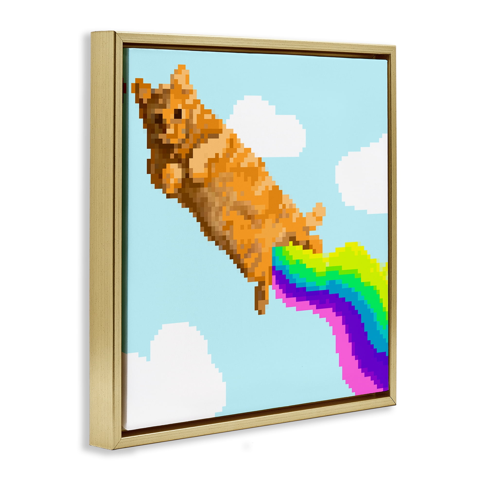 Stupell Industries Flying Rainbow Pixel Cat Animals Painting Gold Floater Framed Canvas Art Print Wall Art, 18 x 18