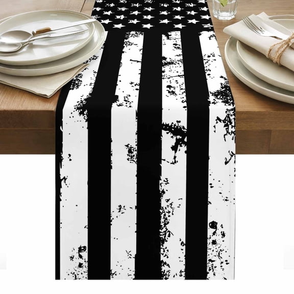 Black White Table Runner - 70 Inch Long, Kitchen Dining Table Runner Dresser Scarves, Retro Stars Stripes Flag Shabby Chic Texture Farmhouse Decor for Coffee Tables Wedding Party Banquet