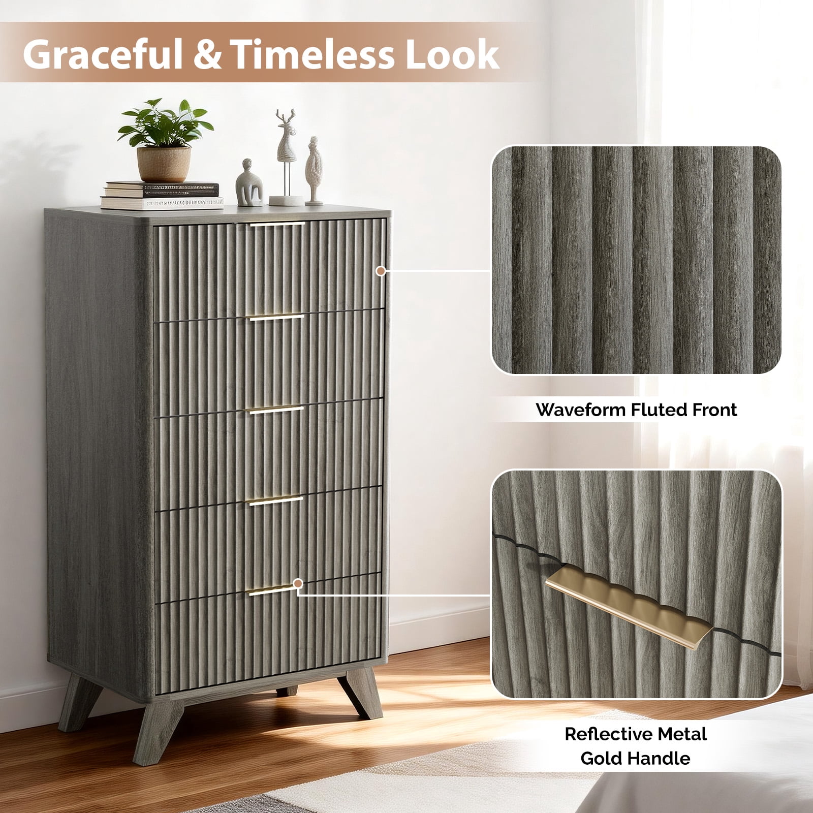 Ktaxon Fluted Tall 5 Drawer Dresser Solid Wood Chest of Drawers with Soft Close Slides Storage Cabinet for Bedroom Living Room Entryway Gray
