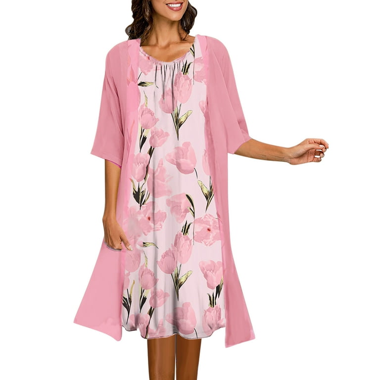 Women's Floral Print 2 Piece Dress Lace Creewneck Boho Sliming Midi Dress  Sleeveless with Chiffon Jacket Tea Length S-3XL
