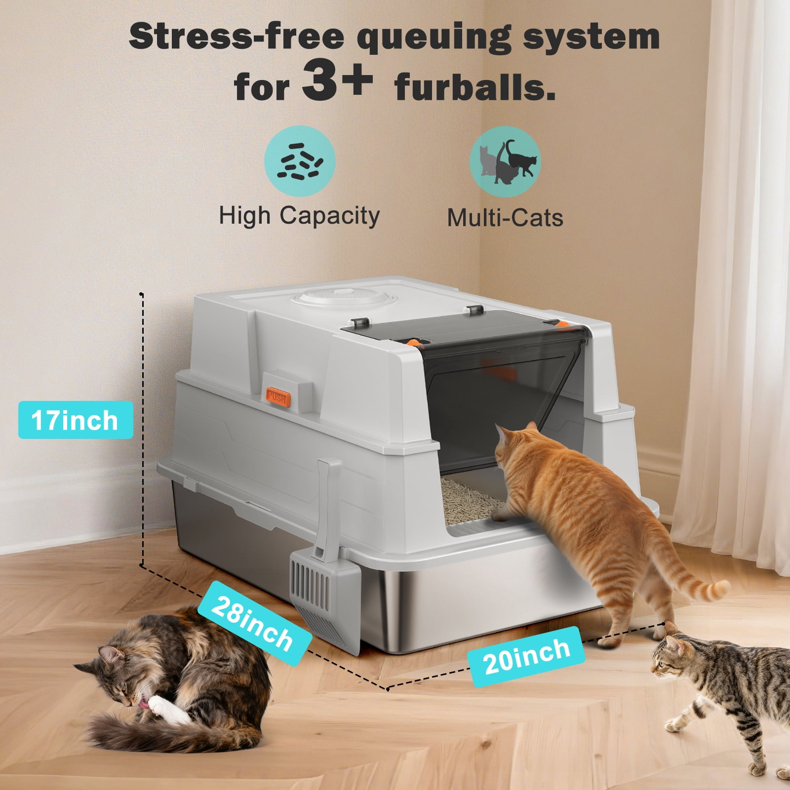 XXXL Cat Litter Box, Giant Enclosed Cat Litter Boxes for Big Cats, Extra Large Litter Box for Multiple Cats, Metal Cat Litter Box with Scoop, Silver Gary
