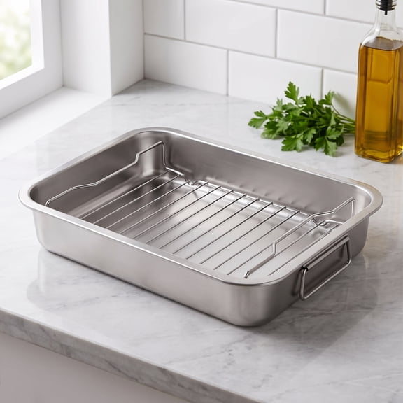 WZB Stainless Steel Roasting Pan with Flat Rack & Riveted Handles, Heavy‑Duty Oven Roaster Pan, 450℉ Heat Resistant for Turkey, Chicken, Holiday Cooking & Baking