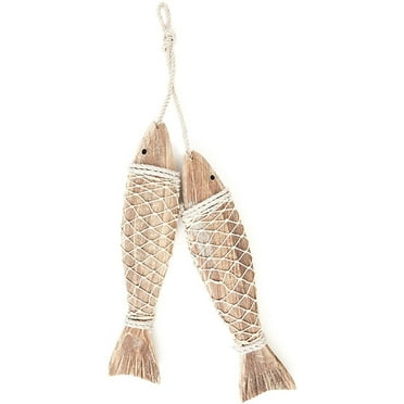 Set of 2 Rustic Antique Wooden Fish Ornament Nautical Hanging Home Wall Decor with Rope 7.8"x2.1"