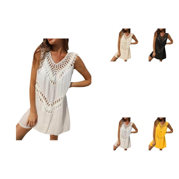 Womens Hand-Hooked V-Neck A-Line Boho Beach Cover Up Dress Hollow-Out Trim, Loose Fit, Solid Color Mini Swimsuit Cover for Summer Travel