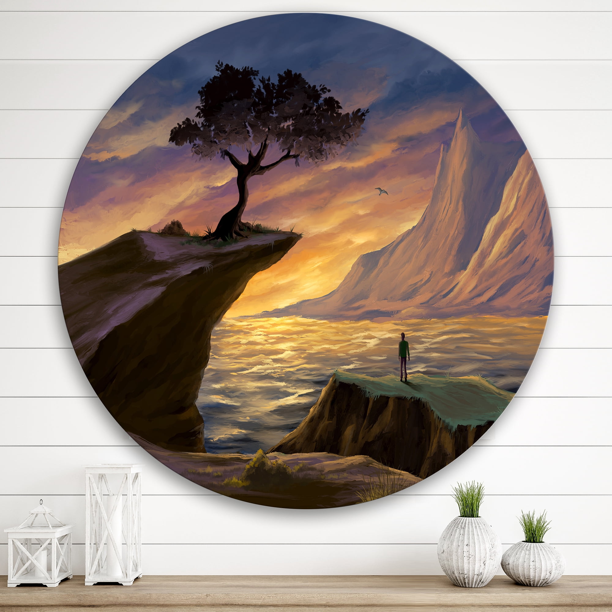 Designart 'Tree On A Sea Cliff At Evening Light' Lake House Circle Metal Wall Art 29x29 - Disc of 29