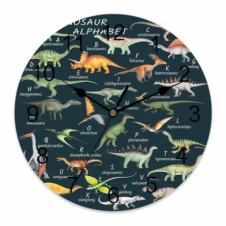 Wall Clock Dinosaur Family Clocks PVC Silent Non-Ticking Battery Operated Learning Alphabet A to Z Name Green Round Clock for Home Living Room Kitchen Bedroom Office School Wall Decor 10 Inch