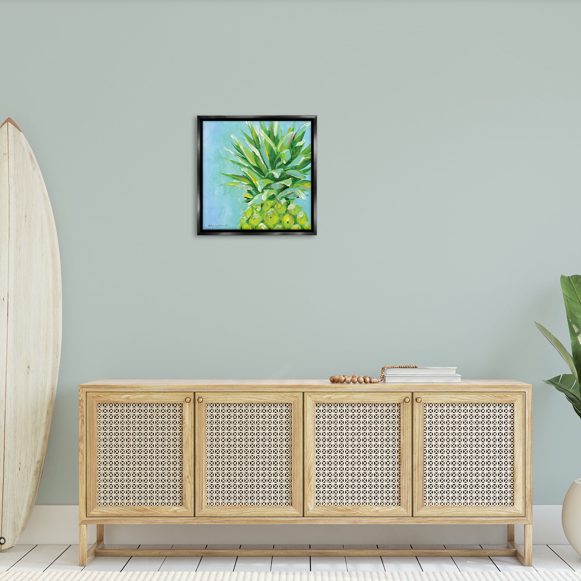 Stupell Industries Tropical Pineapple on Blue Food & Beverage Painting Black Floater Framed Canvas Art Print Wall Art, 25 x 25