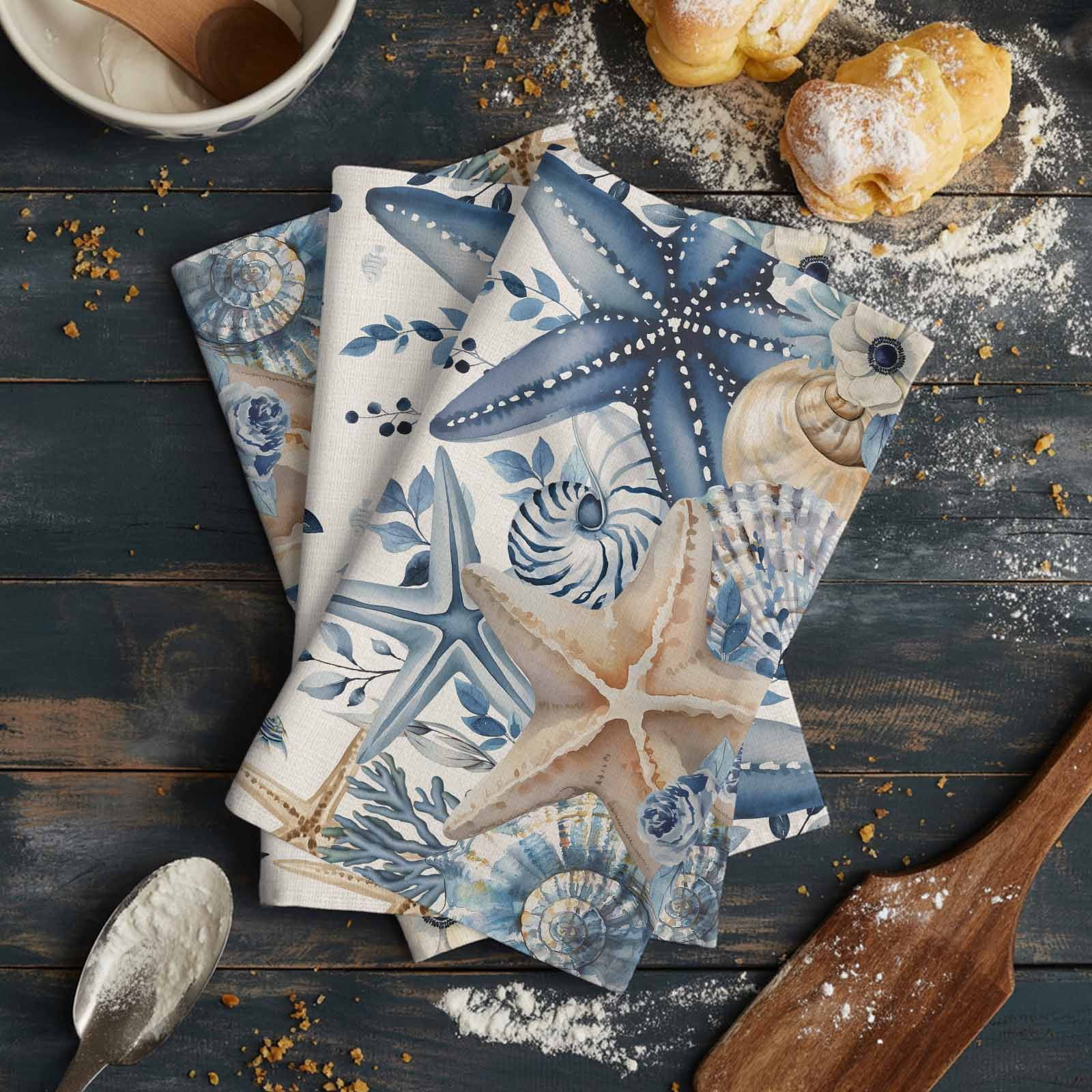 Blue Starfish Coastal Kitchen Towels Set of 4, Water Absorbent Dish Towel, Eucalyptus Summer Nautical Shell Rustic Decorative Hand Towels - Quick Drying Cloth for Cooking Baking, 18x28 Inch