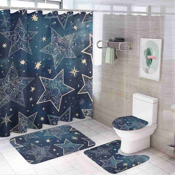 Navy Blue and Gold Star Pattern 4-Piece Shower Curtain Set with Bath Mats and Toilet Lid Cover for Bathroom Decor