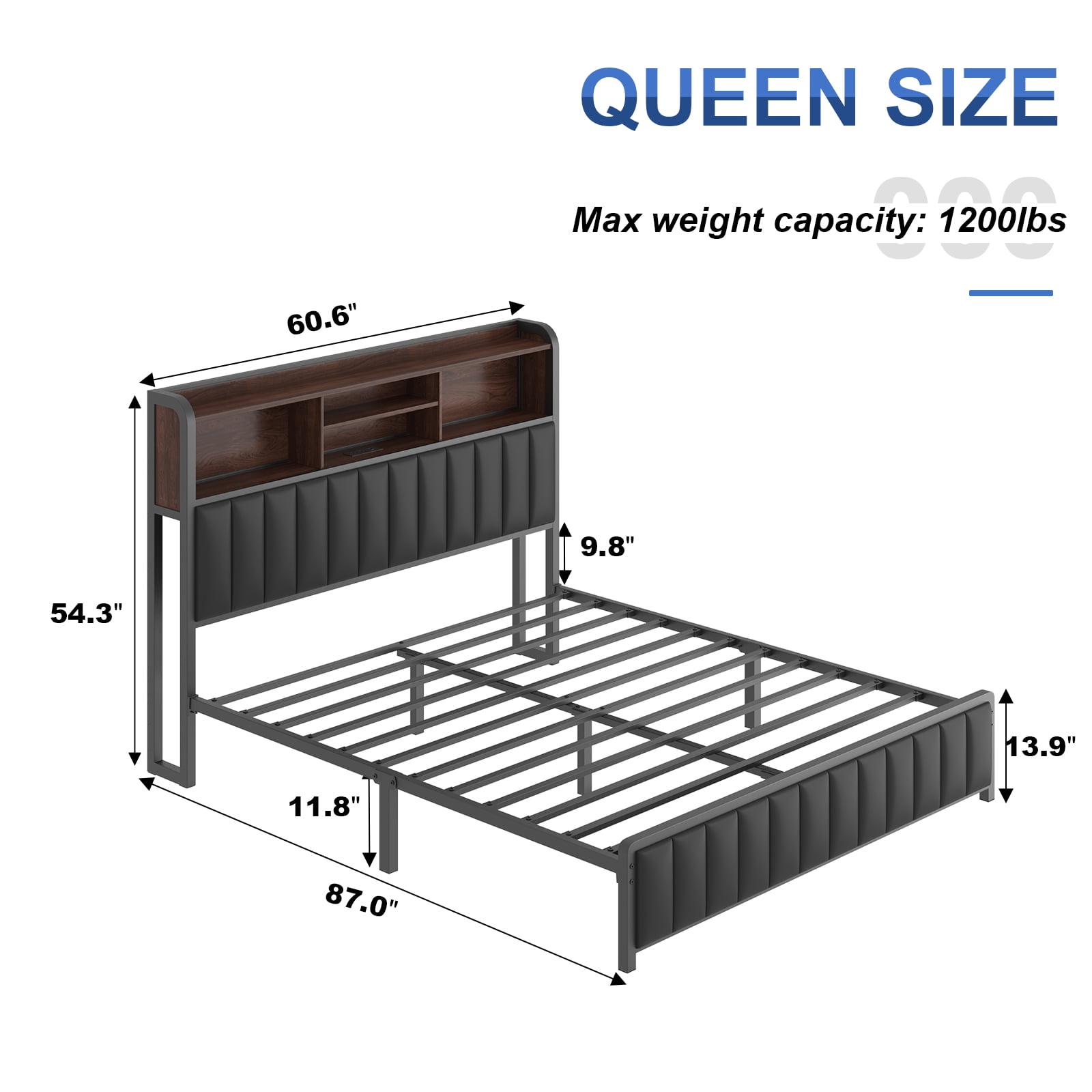 Metal Platform Bed Frame with Storage Headboard and Charging Station, Queen Size Bed with LED Lights, Faux Leather Upholstered Footboard, Under-Bed Storage, Noise-Free, No Box Spring Needed, Black