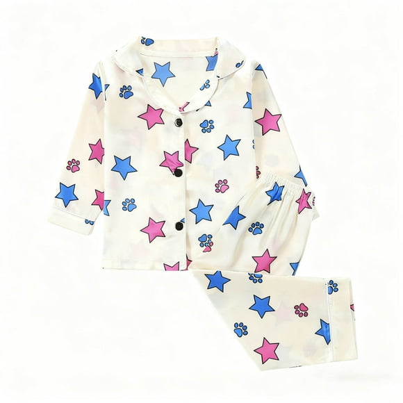 Conjunto de pijama de dos piezas para niños, de poliéster, con cuello vuelto, manga larga, estampado informal, top de solapa y pantalones largos.
