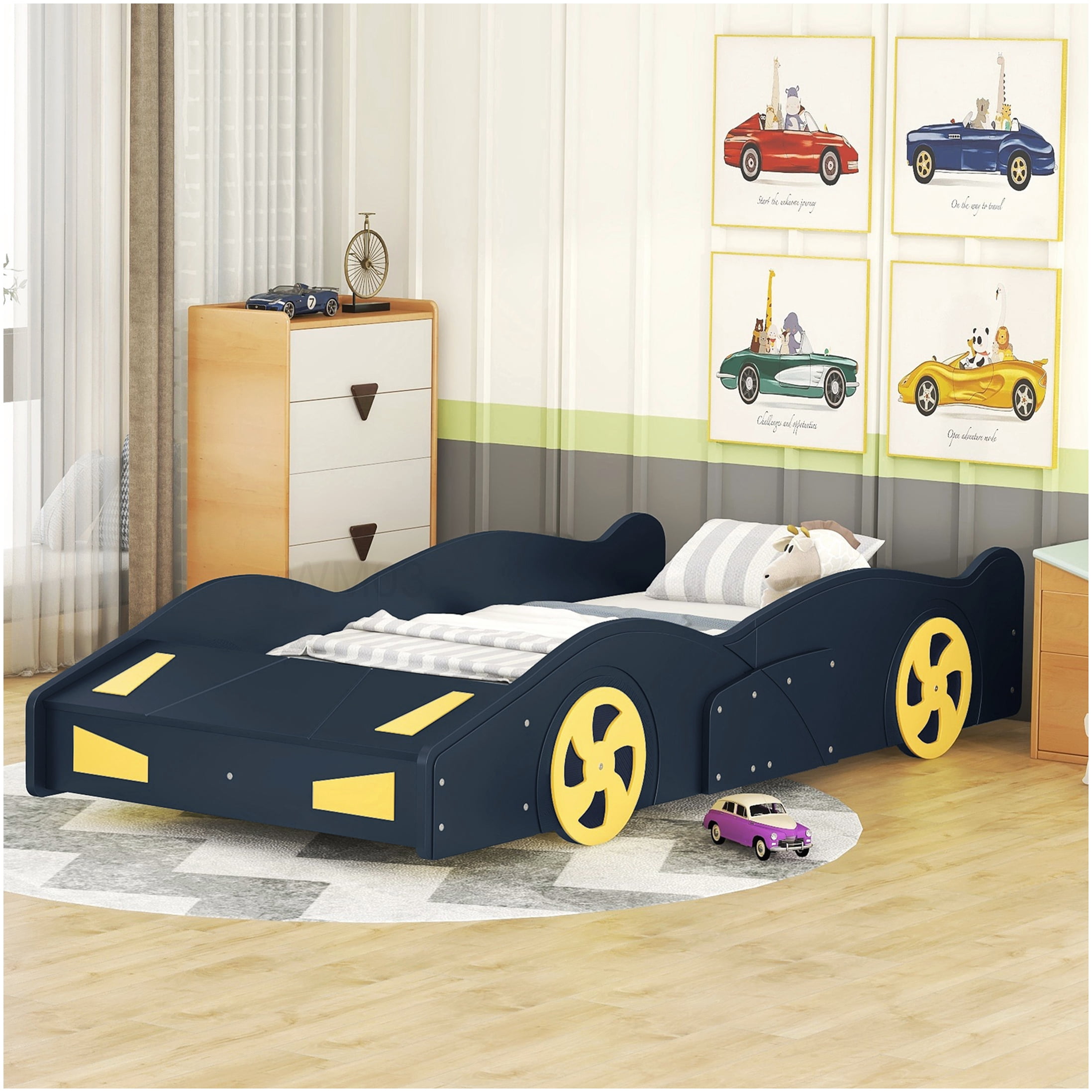 Low Profile Twin Bed Frame with Storage, Race Car Design, Solid Wood Platform Base