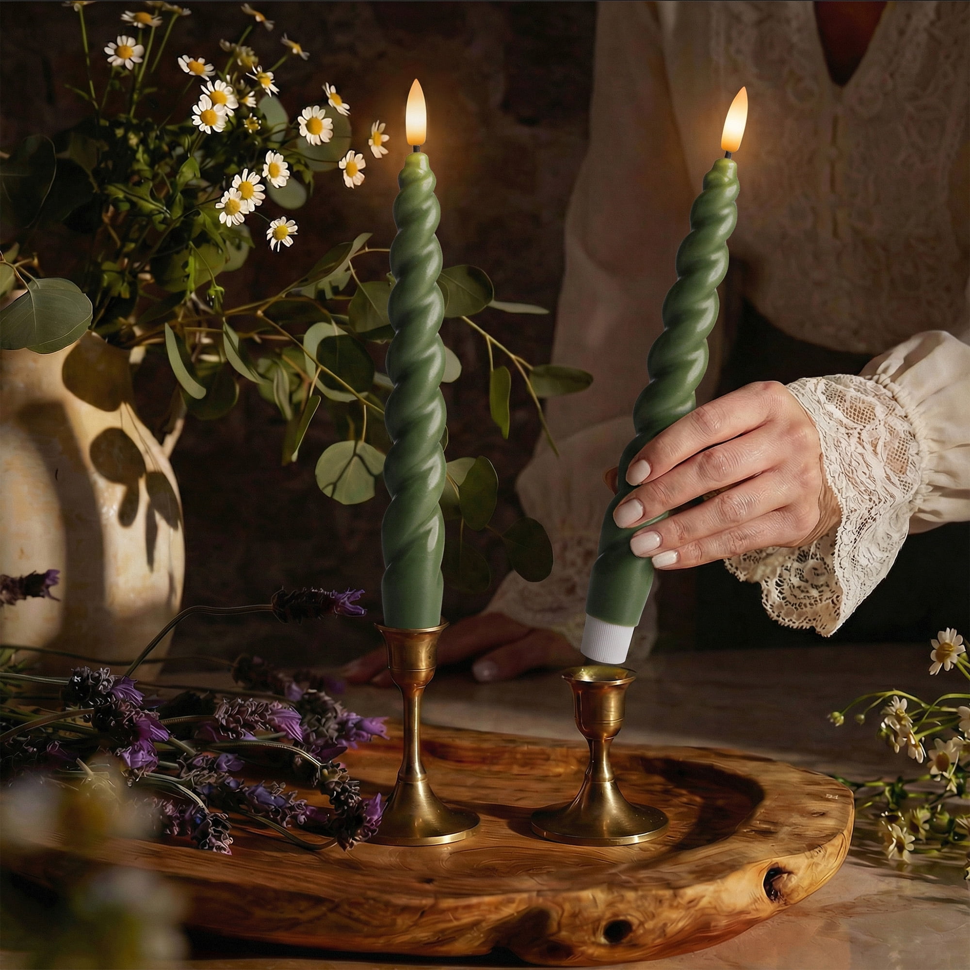WYZworks 10" Flameless LED Taper Candles – Full Twisted Spiral – Loden Green, Set of 2 – Remote, 2/4/6/8-Hr Timer (24-hr Memory), Bottom On/Off Button, Dimmable, Battery Operated, Flicker/Steady