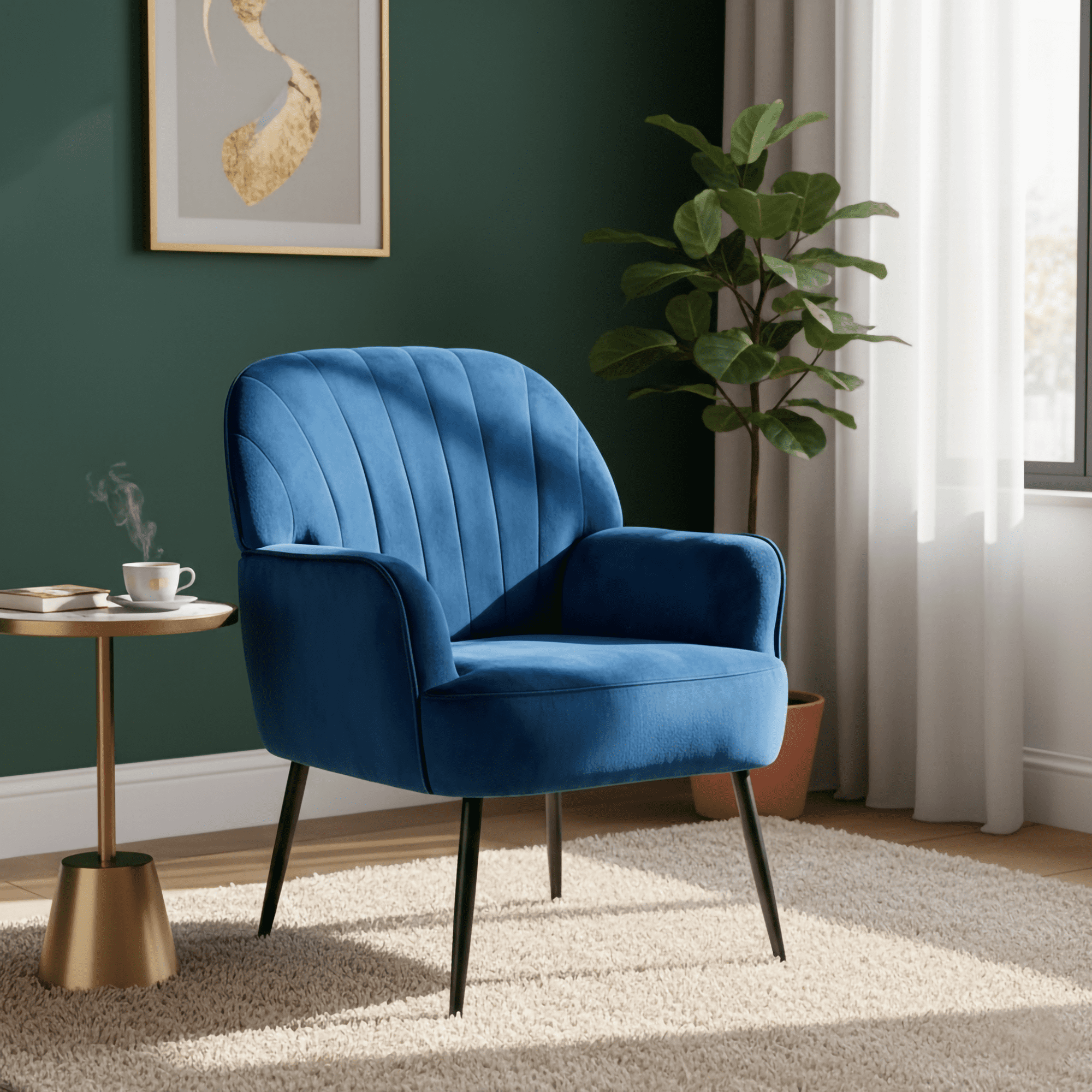 Mintazer Velvet Accent Chair with Shell-Shaped Backrest, Modern Upholstered Armchair with Metal Legs for Living Room & Bedroom, Blue