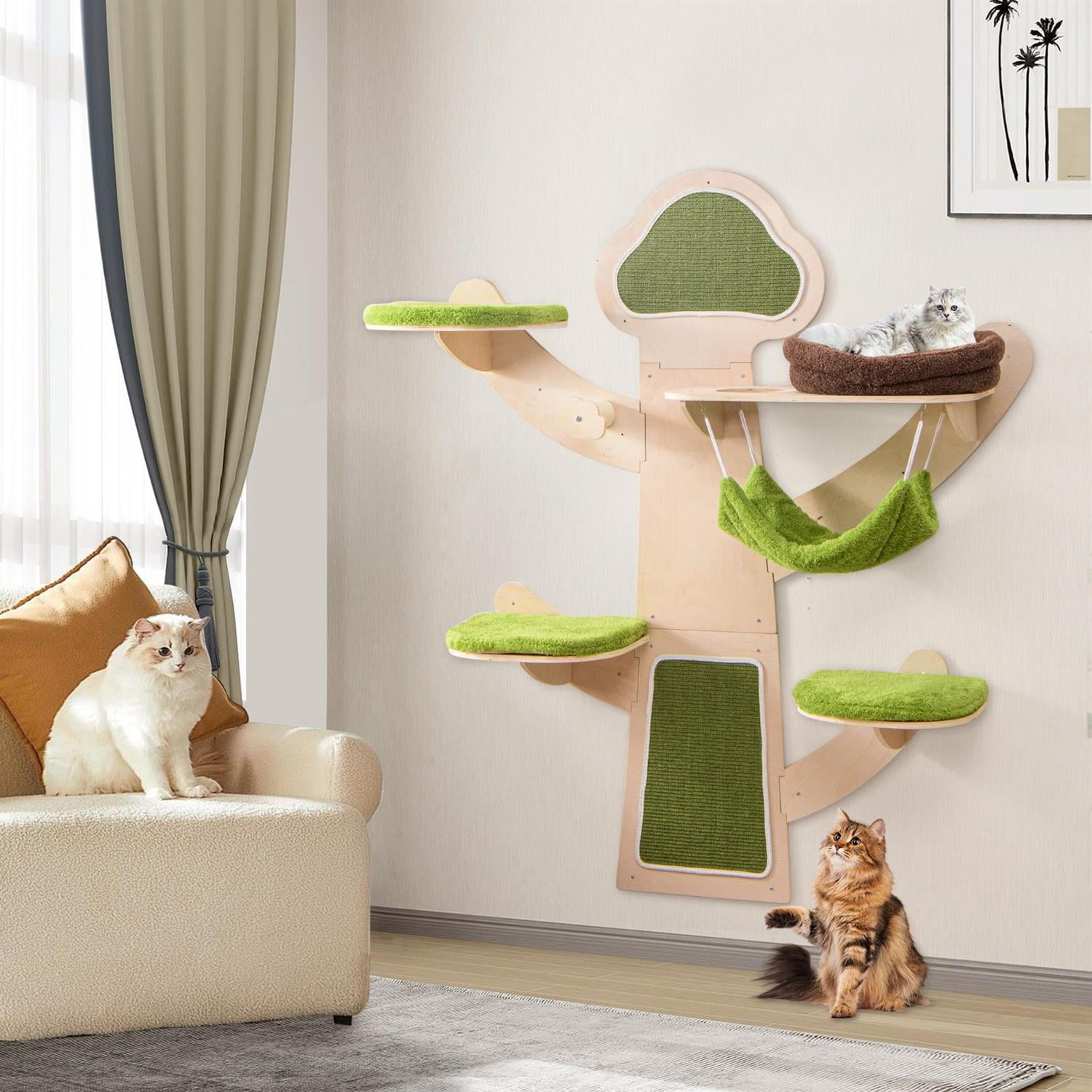 Pefilos Wall-Mounted Cat Tower, Cat Wall Shelves & Cat Bed, Hammock & Sisal Scratching Posts, Green