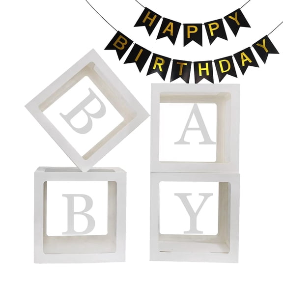 Cheinxy Baby Boxes with Letters for Baby Shower,4 Transparent Balloon boxes for Gender Reveal Decorations Birthday Wedding Party Backdrop, White
