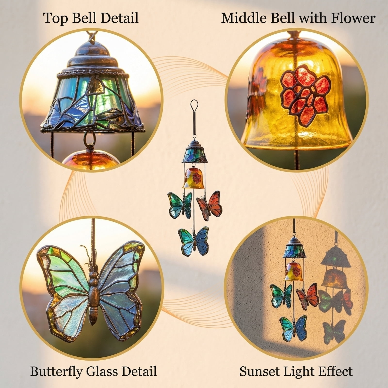 2PC Stained Glass Butterfly Wind Chime With Bells, Vintage Style Hanging Wind Bell for Outdoor Garden Patio, Colorful Butterfly Decor Wind Chime, Great Gift for Mom Grandma Nature Lovers