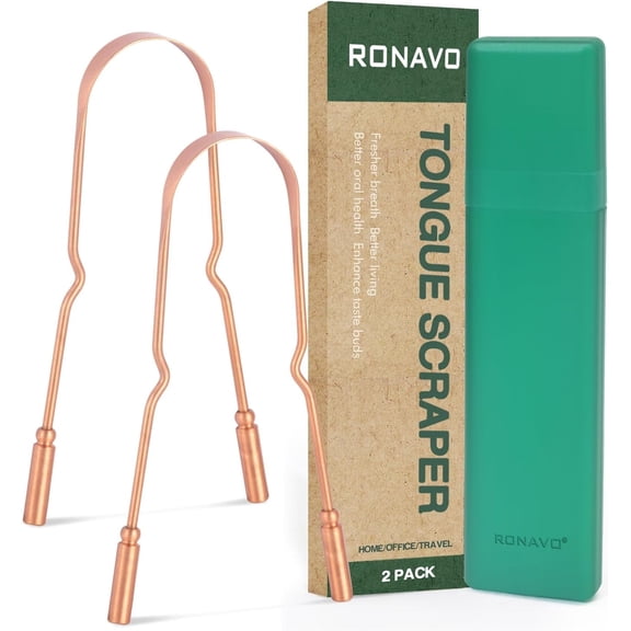 RONAVO Copper Tongue Scraper for Adults (2 Pack), 100% Pure Copper, Naturally Anti-Microbial, Banishes Bad Breath and Maintains Oral Hygiene, Tongue Cleaner with Travel Case, Easy to Use and Clean