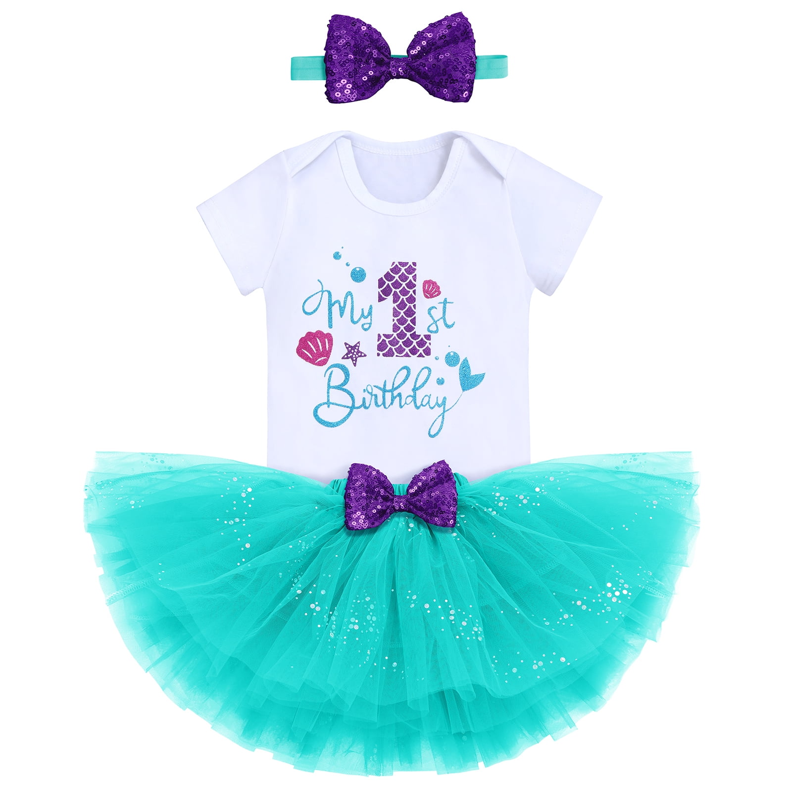 IBTOM CASTLE Toddler Baby Girls Mermaid 1st Birthday Outfit Princess Romper + Tutu Skirt + Shiny Bowknot Headband Cake Smash Clothes Set, 3-Piece