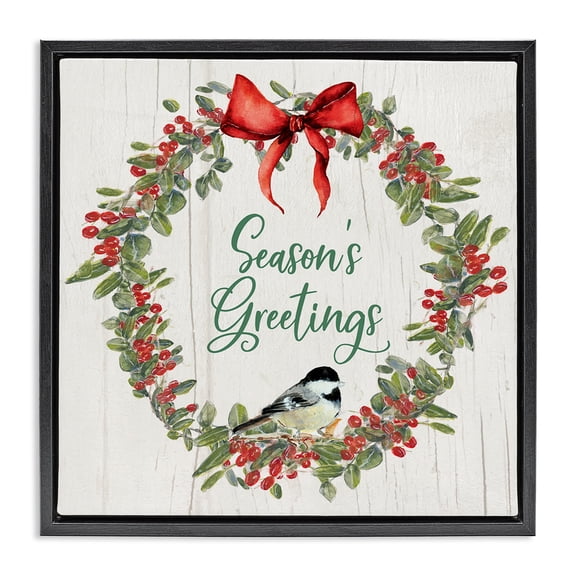 Stupell Industries French Country Season's Greetings Wreath Black Floating Frame Canvas Art, 18 x 18, by Sally Swatland