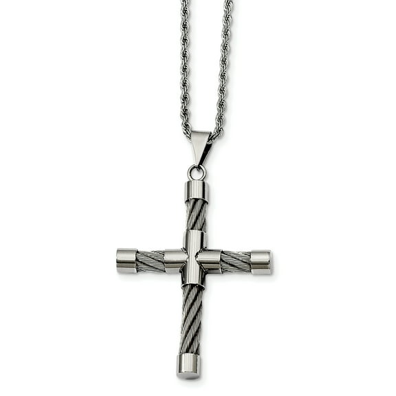 Chisel Stainless Steel Polished and Wire Cross Pendant Necklace