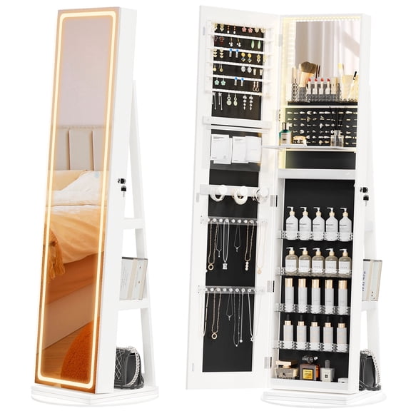 Mvvte 360° Swivel Mirror Jewelry Cabinet Standing with Storage Shelves, Jewelry Armoire with Full-length LED Mirror and Adjustable Lights, White