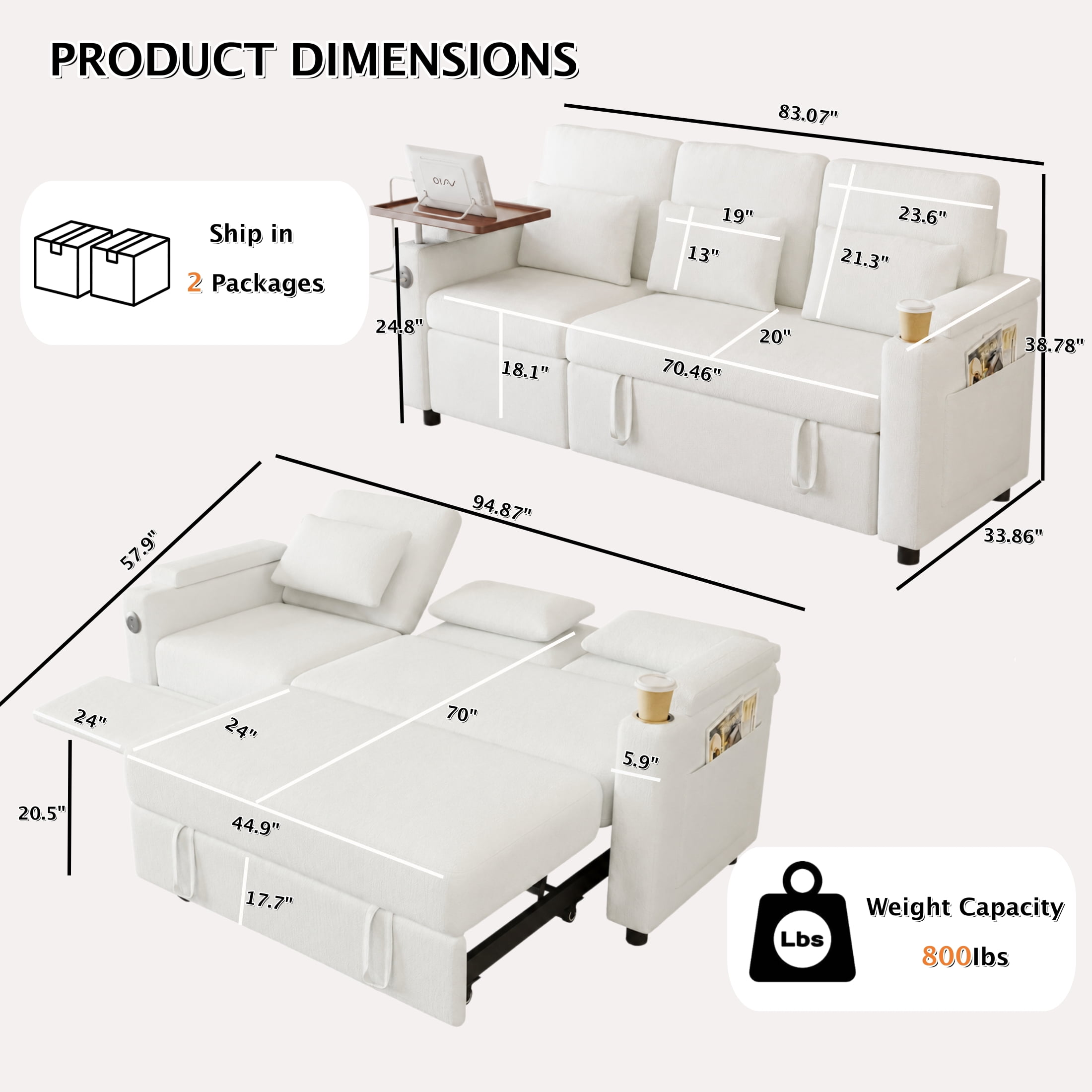 ShiKeyi 83" 3-in-1 Convertible Sofa Bed, Chenille 3 Seater Couch with Adjustable Backrest, USB Ports, Storage Armrests & Fold-Down Table, Off White