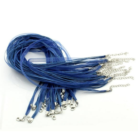 N045 - 15 pcs. Ocean Blue Organza Ribbon Waxen Cord Necklaces with Lobster Clasp - 17 inch (43 cm) - Claw Clasps and Extender Chains!