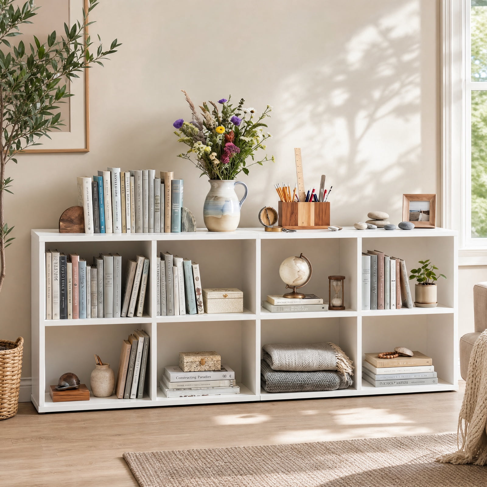 Furnibear 3 Tier S Shaped End Table with 4 Storage Cubes and Spacious Tabletop for Living Room Sofa Side and Bedroom, White