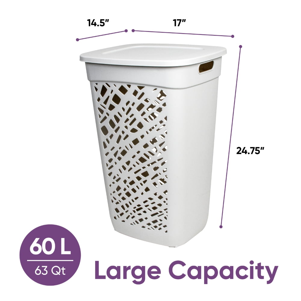 Non-Breakable Mosaic Hamper, 60L -Misty White, Elegant Design, Vented Laundry Basket, Made in France