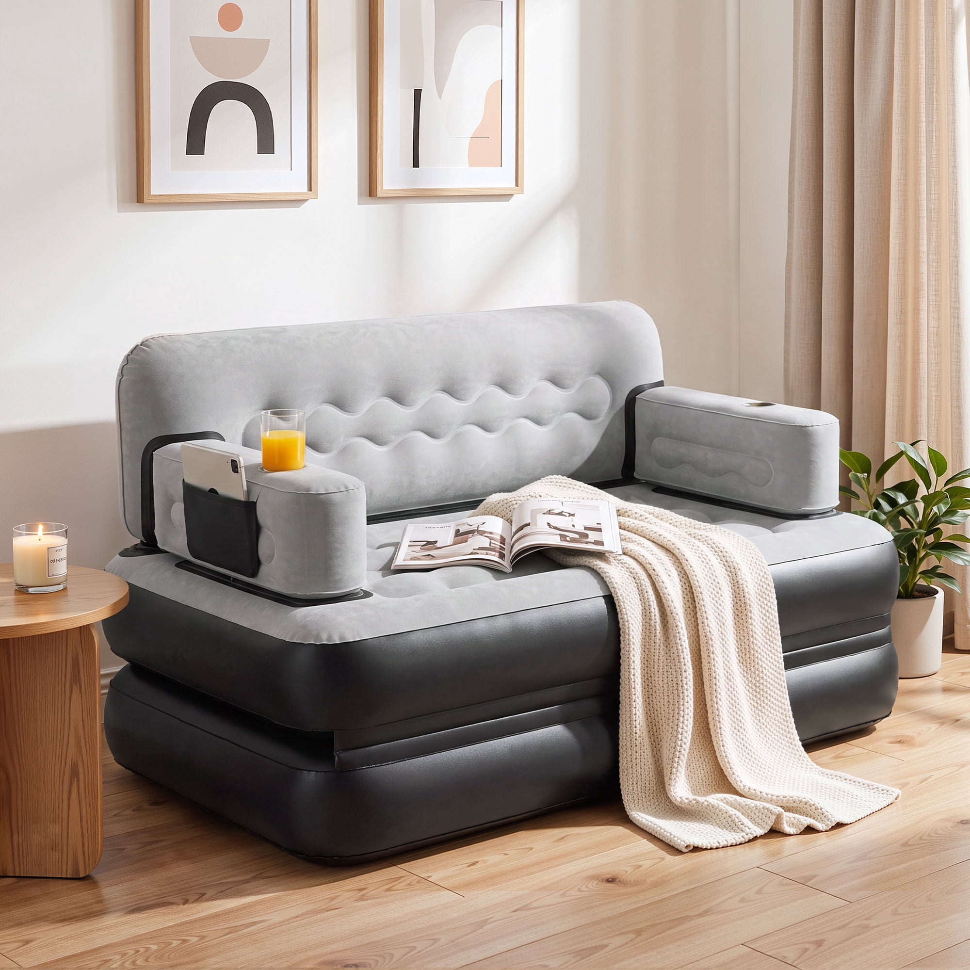 Uforic Queen Size 2-in-1 Convertible Air Sofa Bed with Wave Headboard, Pump, Cup Holders & Storage Pocket for Guest Camping, Gray