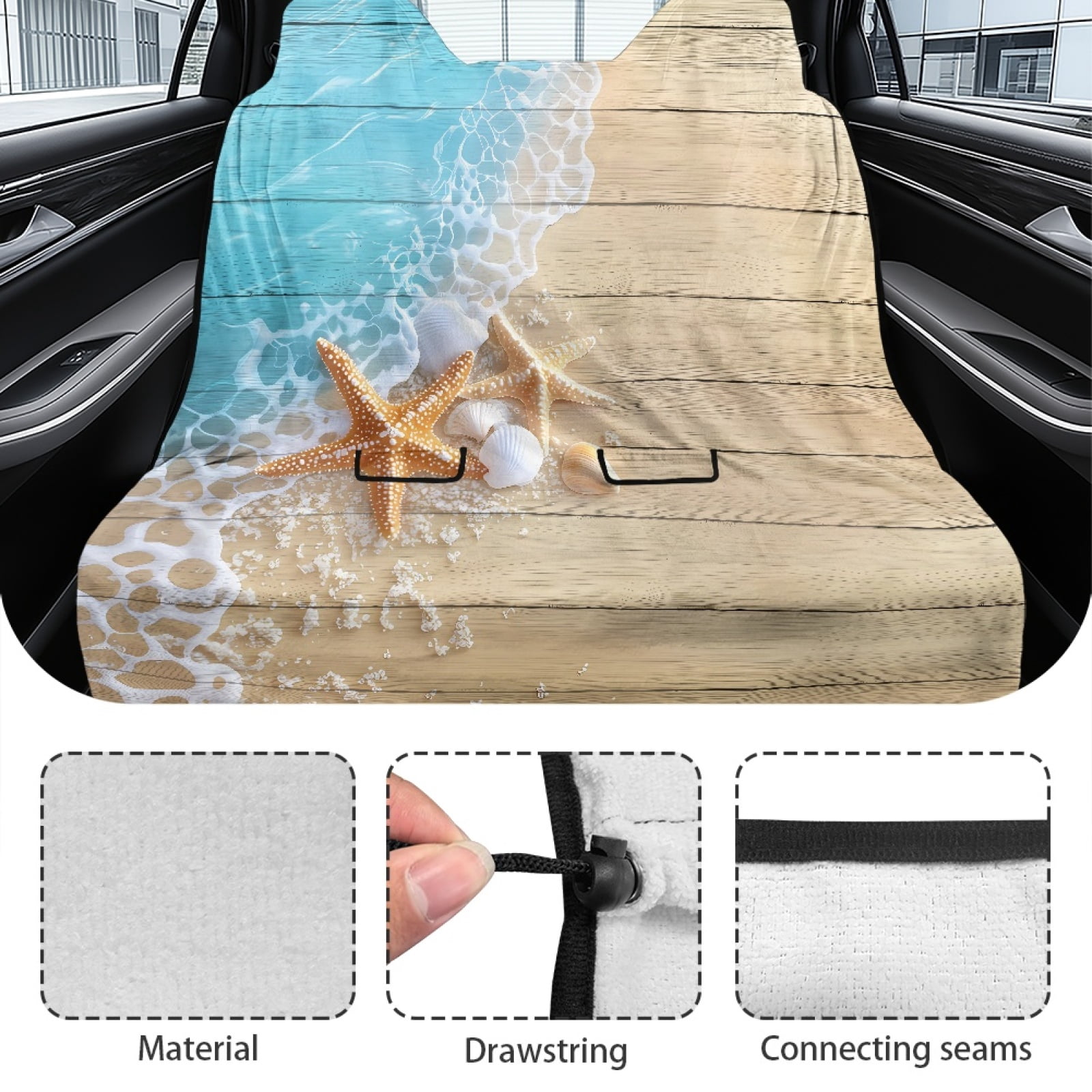 Xoenoiee Beach Starfish Seashell Wood Print Back Seat Cover Waterpoof Rear Bench Towel Seat Cover for Gym Swimming Surfing Running, Non-Slip Rear Seat Protector Universal Fits Auto Truck Van SUV