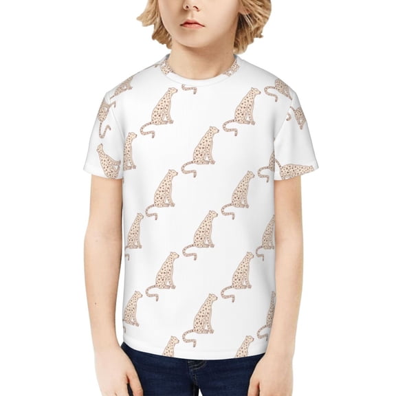 Fuzoiu Leopard Print Print Boys' Casual T-Shirt,Crewneck Undershirts,Boys Athletic Shirt,Short Sleeve T-Shirts for Outdoor Play