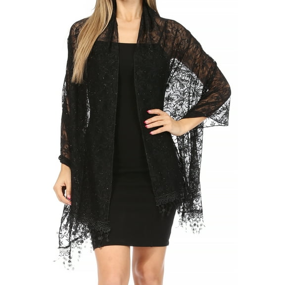 Sakkas Mari Women's Large Lightweight Soft Lace Scarf Wrap Shawl Floral and Fringe - Style3-Black - One Size