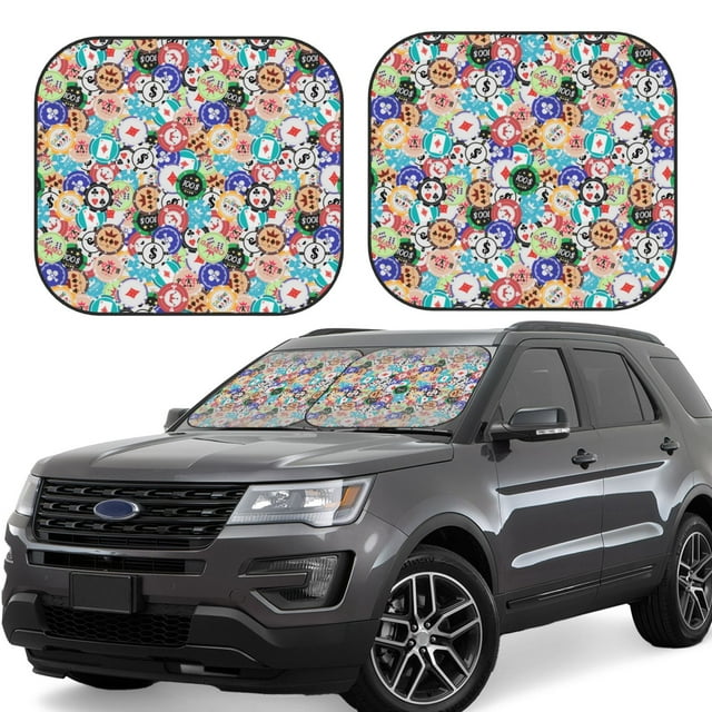 Disketp Colored Casino Chips Pattern 2 Piece Windshield Sunshades,Folding Windshield Sun Shade for Car SUV Trucks Sedan,Blocks UV Rays Sun Visor Protector-Small