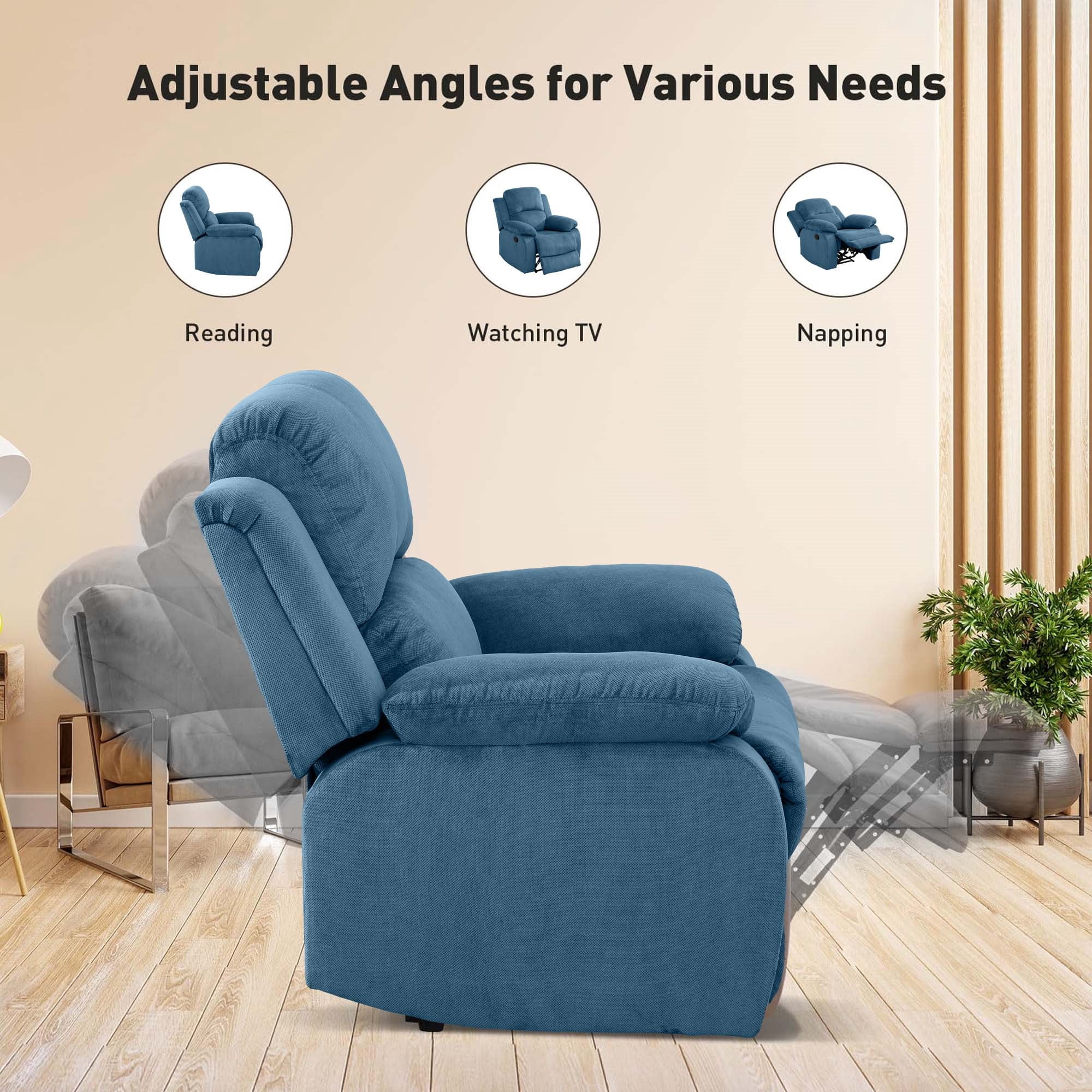 Aukfa Fabric Recliner Chair Overstuffed Adjustable Armchair for Living Room Bedroom, Blue
